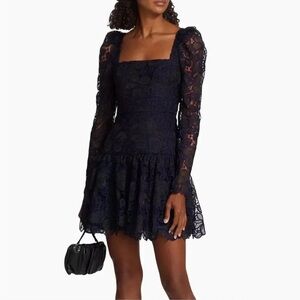 Monique Lhuillier Blue Crochet Lace Organza Long Sleeve Mini Dress